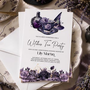 PRINTED Witches Tea Party Invitation, Editable Gothic Halloween Invite, Witch Brunch Invite, Purple Black Floral, Shipped with Envelopes