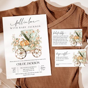 Fall In Love Baby Shower Invitation Set EDITABLE, Little Pumpkin Baby Shower Invitation, Autumn Floral Baby Shower Suite FG25