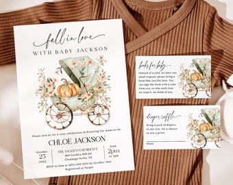 Fall In Love Baby Shower Invitation Set EDITABLE, Little Pumpkin Baby Shower Invitation, Autumn Floral Baby Shower Suite FG25