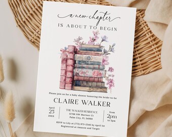 Storybook Baby Shower Invitation Template, EDITABLE New Chapter Bridal Shower Invitation, Coquette Book Themed Baby Shower Invite CB06