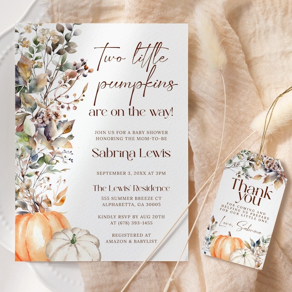 Two Little Pumpkins Baby Shower Invitation EDITABLE, Fall Twin Baby Shower Invite Printable, Minimalist Autumn Baby Shower FA16