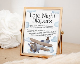 Blue Airplane Late Night Diapers Sign, Vintage Plane Baby Shower Sign, Boy Baby Shower Activity, Diaper Thoughts Sign, INSTANT DOWNLOAD AP13