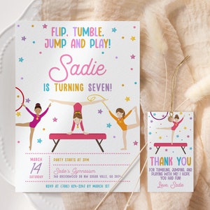 Gymnastics Birthday Invitation EDITABLE, Printable Gymnastics Party Invitation, Jump Tumble & Play, Gymnasts Girls Party Invite Template