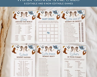 Zestaw gier kowbojskich na baby shower, edytowalne karty do gry w stylu western, mały kowboj, zabawy z rodeo na baby shower w stylu Dzikiego Zachodu CB31