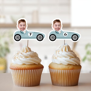 Race Car Photo Cupcake Toppers, Face Cupcake Toppers, Personalized Blue Vintage Car Cupcake Toppers, Racing Birthday Party Decor, ANY AGE
