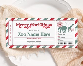 Zoo Christmas Ticket EDITABLE, Zoo Voucher, Surprise Trip to The Zoo, Safari Animals Trip Gift Coupon, Zoo Certificate, Christmas Gift Card