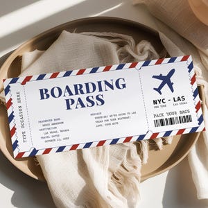 Instapkaartsjabloon BEWERKBAAR, verrassingsreisticket, afdrukbare gepersonaliseerde vliegtuigcadeaubon, vliegticket