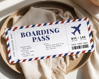 Boarding Pass Ticket Template EDITABLE, Surprise Trip Ticket, Printable Personalized Plane Gift Ticket Voucher, Flight Airline Ticket