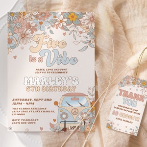 Groovy 5th Birthday Invitation EDITABLE, Floral Five is a Vibe Groovy Birthday Invitation Printable, Retro Hippie Birthday Party GH13