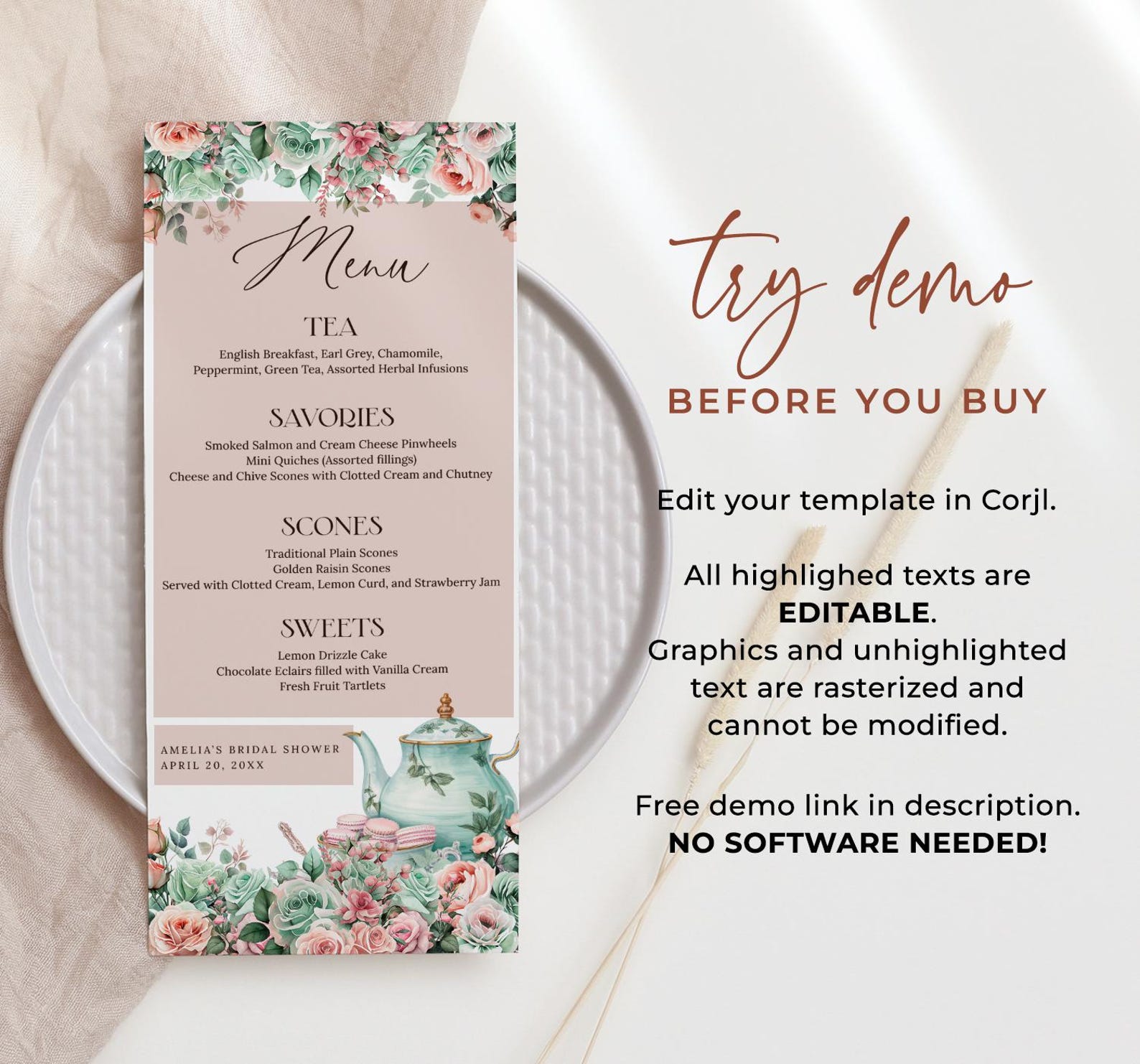 Spring Time High Tea Menu Card Green Floral Tea Party Menu Template EDITABLE, Pink High Tea Menu Cards ...