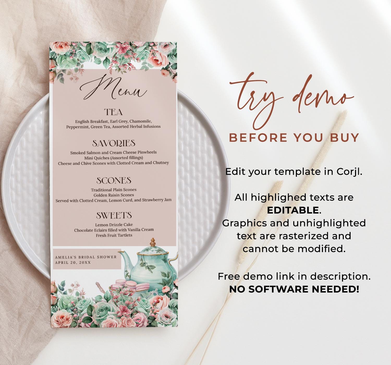 Green Floral Tea Party Menu Template EDITABLE, Pink High Tea Menu Cards ...