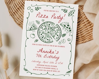 Puede incluir: Una tarjeta de invitación rectangular blanca con ilustraciones verdes dibujadas a mano de una pizza entera, porciones, tomates y champiñones. El texto dice: You're invited to a Pizza Party! Join us for a slice of fun as we celebrate Annika's 7th Birthday, Saturday, April 20th at 2PM, Pepperoni Palace Pizzeria, 212 2nd St Mulberry Grove, IL, RSVP at (618) 326-8654 by April 1st.