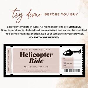 May include: A printable helicopter ride ticket template with a black and white helicopter graphic. The ticket has a pink background with black text that says "You're going on a Helicopter Ride". The text "ADD DESTINATION HERE" is also included. The ticket has a section for the recipient's name, date, and other details.