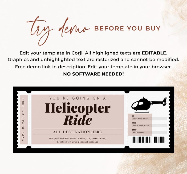 May include: A printable helicopter ride ticket template with a black and white helicopter graphic. The ticket has a pink background with black text that says "You're going on a Helicopter Ride". The text "ADD DESTINATION HERE" is also included. The ticket has a section for the recipient's name, date, and other details.