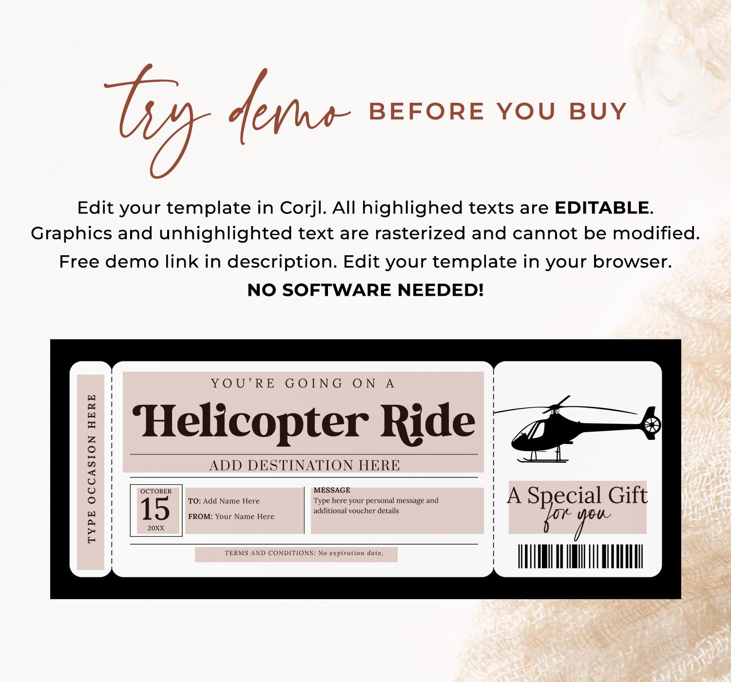Helicopter Ride Flyer Helicopter Ride Ticket EDITABLE, Surprise Travel Trip Voucher ...