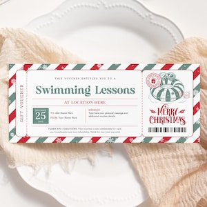 Vale de Navidad para clases de natación EDITABLE, Certificado de regalo para clases de natación, Plantilla de boleto para clases de natación imprimible, Tarjeta de regalo de Navidad