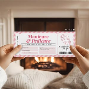 Puede incluir: Un vale de regalo rosa y blanco para una manicura y pedicura en el sal&oacute;n de belleza Prairie Hill Salon & Spa. El vale de regalo mide 8,5 pulgadas por 3,5 pulgadas y tiene un dise&ntilde;o a rayas rosa y blanco. Incluye un espacio para el nombre del destinatario, el nombre del donante y un mensaje personal.