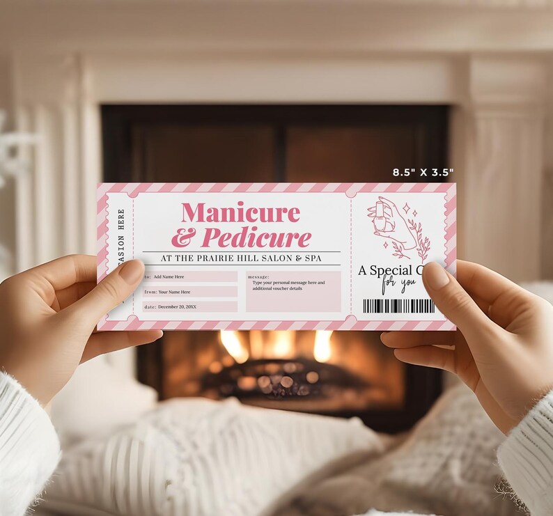 Puede incluir: Un vale de regalo rosa y blanco para una manicura y pedicura en el sal&oacute;n de belleza Prairie Hill Salon & Spa. El vale de regalo mide 8,5 pulgadas por 3,5 pulgadas y tiene un dise&ntilde;o a rayas rosa y blanco. Incluye un espacio para el nombre del destinatario, el nombre del donante y un mensaje personal.