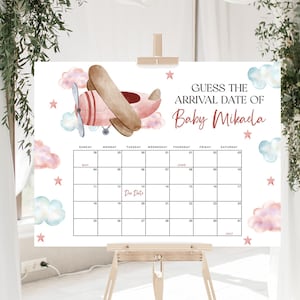 Rosa Flugzeug Baby Due Date Kalender EDITIERBAR, Vintage Flugzeug Babyparty Zeichen bedruckbar, Mädchen Babyparty, Guess Baby Geburtstag Poster AP13