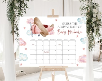 Pink Airplane Baby Due Date Calendar EDITABLE, Vintage Plane Baby Shower Sign Printable, Girl Baby Shower, Guess Baby Birthday Poster AP13
