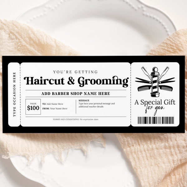 Barber Gift Certificate EDITABLE, Barbershop Voucher Printable, Barber Hair Salon Coupon, Fathers Day Gifts, Gifts For Him, Any Occasion