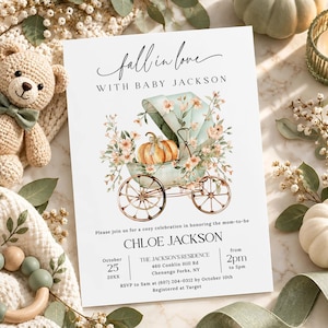 Pumpkin Baby Shower Invitation, Editable Fall in Love Baby Shower Invitation, Autumn Watercolor Pumpkin Carriage Template FG25