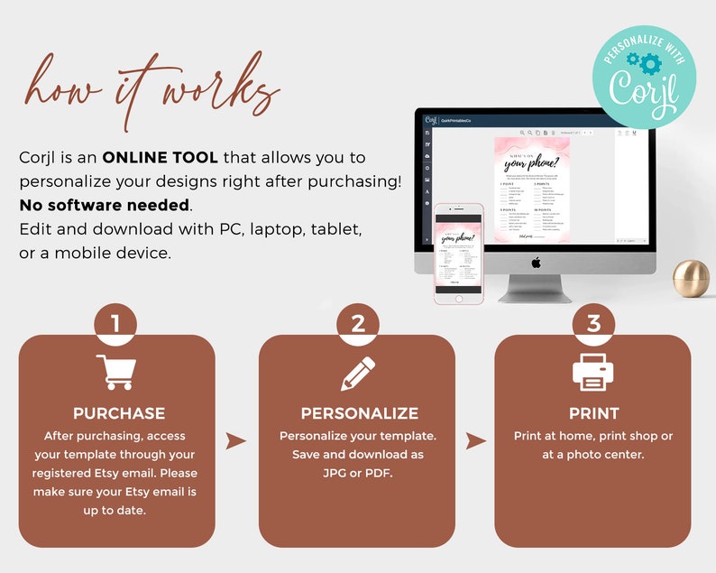 Puede incluir: Una gu&iacute;a de tres pasos para usar Corjl, una herramienta en l&iacute;nea para personalizar dise&ntilde;os. Los pasos son comprar, personalizar e imprimir. La imagen muestra una pantalla de computadora con un dise&ntilde;o rosa y blanco, un &iacute;cono de carrito de compras, un &iacute;cono de l&aacute;piz y un &iacute;cono de impresora.