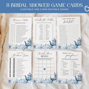 Pacote de jogos para chá de panela com flores azuis EDITÁVEL, 8 cartas de jogo para chá da tarde para impressão, atividades para chá da tarde no jardim AT28
