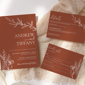 Terracotta Wedding Invitation Set Editable, Minimalist Burnt Orange Wedding Invitation Suite, Printable Modern Floral Rust Rsvp Details Card