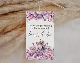 Etichetta regalo per tea party con motivo floreale viola (MODIFICABILE), etichetta regalo per tea party pomeridiano, baby shower, addio al nubilato, compleanno, etichette di ringraziamento per la partecipazione AT28
