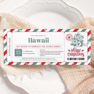 Cartão de embarque de Natal do Havaí EDITÁVEL, bilhete de viagem surpresa de férias, modelo de bilhete de avião para impressão, voucher de viagem de Natal