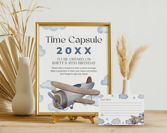 Blue Airplane Birthday Time Capsule Sign and Card EDITABLE, Vintage Airplane First Birthday Party Decor Printable, Pilot Plane Party AP13