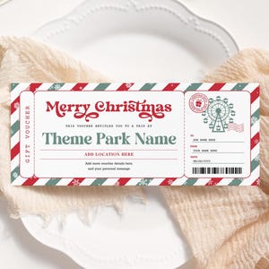 Vergnügungspark-Weihnachtsticket EDITIERBARE Themenkarte, Park-Eintrittspass, Überraschungsreise-Geschenkgutschein zum Ausdrucken, Weihnachtsgutschein