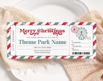 May include: A red and green striped Christmas gift voucher with a festive design. The voucher says "Merry Christmas" and "Theme Park Name". It includes spaces to fill in the recipient's name, the giver's name, and the date.