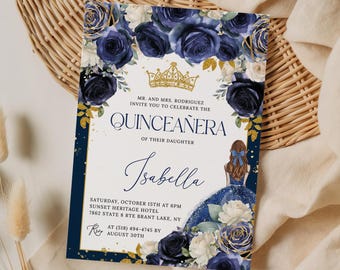 Navy Blue Floral Quinceañera Invitation, Blue and Gold Princess Mis Quince Anos Invitation, 15th Birthday Party Invite, EDITABLE Printable