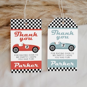 Etiqueta de lembrancinha para festa de carro de corrida vintage EDITÁVEL, etiquetas de agradecimento para aniversário de corrida para impressão, etiqueta de presente para duas festas rápidas, obrigado por correr por