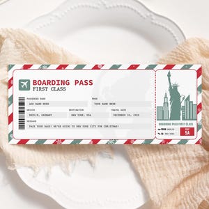 New Yorker Weihnachtsbordkarte EDITIERBAR, Weihnachtsflugkartenvorlage zum Ausdrucken, Überraschungsurlaubsreiseticket, Urlaubsreisegutschein