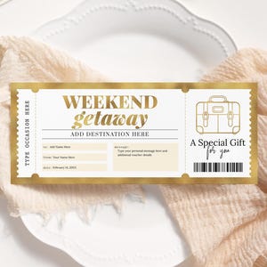 Weekend Getaway Gold Voucher EDITABLE, Surprise Weekend Away Ticket, Birthday Trip Travel Voucher, Printable Trip Away Gift Certificate WG22