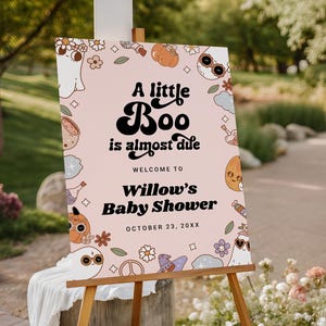 Placa de boas-vindas para chá de bebê Little Boo EDITÁVEL, pôster de boas-vindas para chá de bebê de Halloween com fantasma rosa, placa de boas-vindas para chá de bebê assustador SH13
