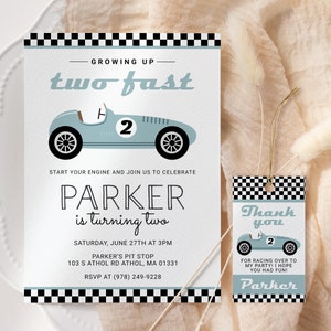 Two Fast Birthday Invitation EDITABLE, Vintage Blue Race Car Party Invitation Printable, Racing Birthday Invite, Little Racer 2nd Birthday