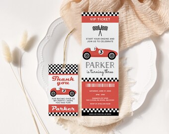 Race Car Birthday Ticket Invitation EDITABLE, Racing Birthday Invitation, Little Racer Birthday Invite, Red Vintage Race Car Party, Any Age