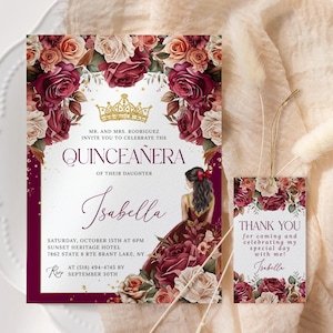 Burgundy Red Floral Quinceañera Invitation EDITABLE, Red and Gold Princess Mis Quince Anos Invitation Printable, 15th Birthday Party Invite