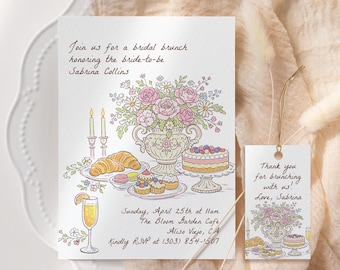 Zaproszenie na brunch dla panny młodej w ogrodzie, edytowalne zaproszenie na brunch i szampan na wieczór panieński, kwiatowe zaproszenie na brunch dla panny młodej, herbaciane przyjęcie w ogrodzie GB19