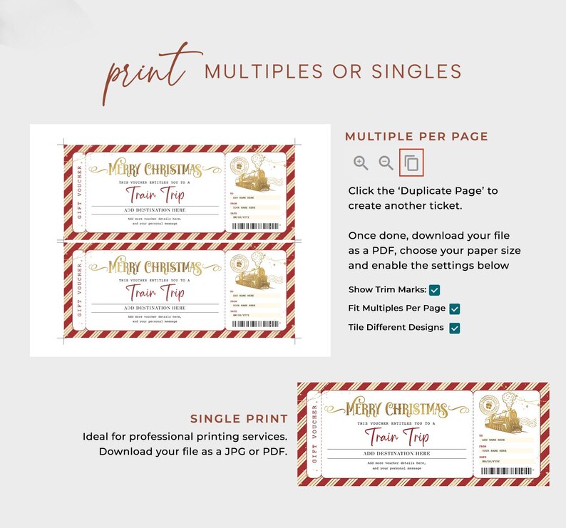 May include: Printable Christmas train trip gift voucher template. The voucher features a red and white striped background with a gold train illustration and the text "Merry Christmas Train Trip".