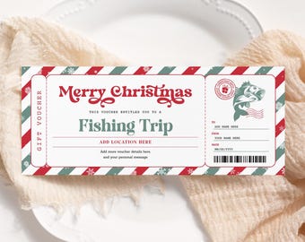 May include: A Christmas-themed gift voucher with a red and green striped border and snowflake accents. The voucher reads "Merry Christmas" and "Fishing Trip" with space to add location and personal details. A graphic of a fish is on the right.
