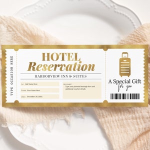 Hotel Reservation Voucher EDITABLE, Hotel Stay Gift Template, Printable Staycation Certificate, Personalized Gold Ticket, Any Occasion HR22