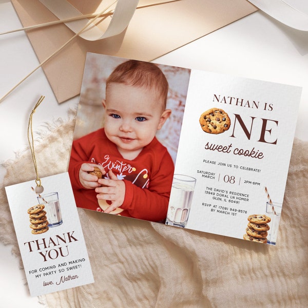 Milk and Cookies Birthday Photo Invitation EDITABLE, One Sweet Cookie Birthday, Printable First Birthday Invite, Cookie Birthday Party MC42