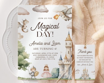 Zaproszenie na urodziny księżniczki i smoka, szablon zaproszenia na podwójne przyjęcie urodzinowe, wspólne urodziny chłopca i dziewczynki, edytowalne do druku