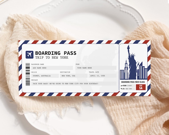 New York Boarding Pass MODIFICABILE, Biglietto regalo viaggio a sorpresa,  Voucher biglietto aereo falso stampabile, Biglietto aereo volo, Viaggio a  New York -  Italia