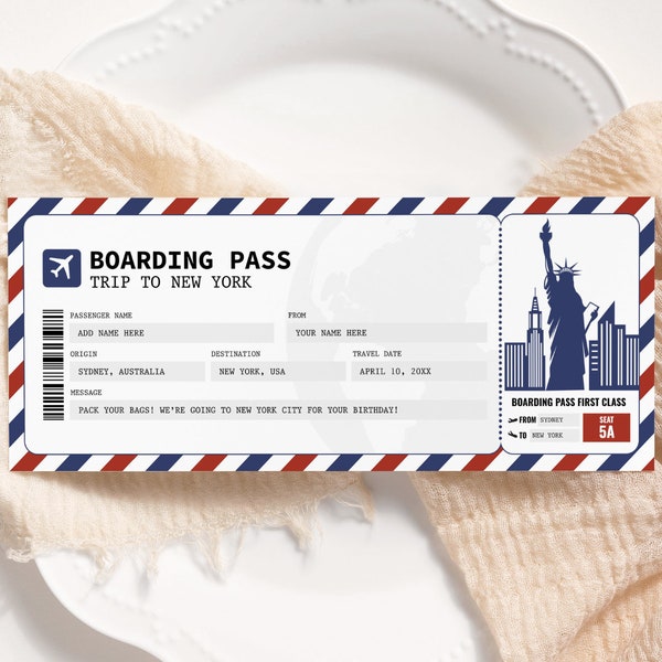 New York Bordkarte EDITIERBAR, Überraschungsreise-Geschenkticket, druckbarer Fake-Flugticketgutschein, Flugflugticket, Reise nach New York